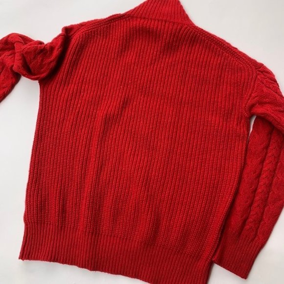 Red 50% Wool Joe Fresh Turtleneck Ribbed Hem Fisherman Aran Sweater size Small - Picture 5 of 8